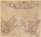Designs for the Decoration of a Frieze and Corner Motifs (recto); Design for Two Frames Decorated with Volutes, Garlands and the Head of a Putto (verso), Giovanni Battista Foggini (Italian, Florence 1652–1725 Florence), Pen and brown ink, over traces of black chalk. Verso: pen and brown ink